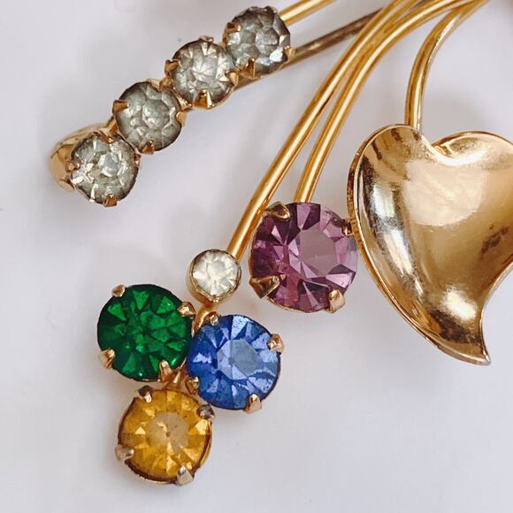 Mid Century Gold Vermeil Sterling Rhinestone Floral Spray Bow Brooch 1940s 1950s - Picture 4 of 8